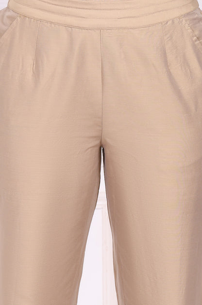 Beige Solid Embroidered Mid Rise Ankle Length Straight Pants