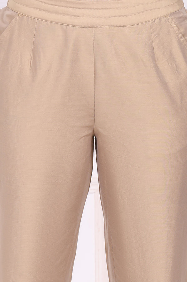 Beige Solid Embroidered Mid Rise Ankle Length Straight Pants