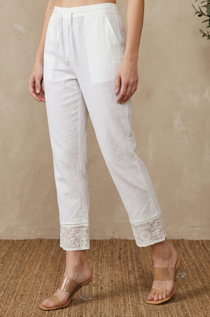 White Solid Straight Fit Pants with Lace