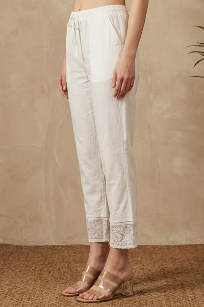 White Solid Straight Fit Pants with Lace