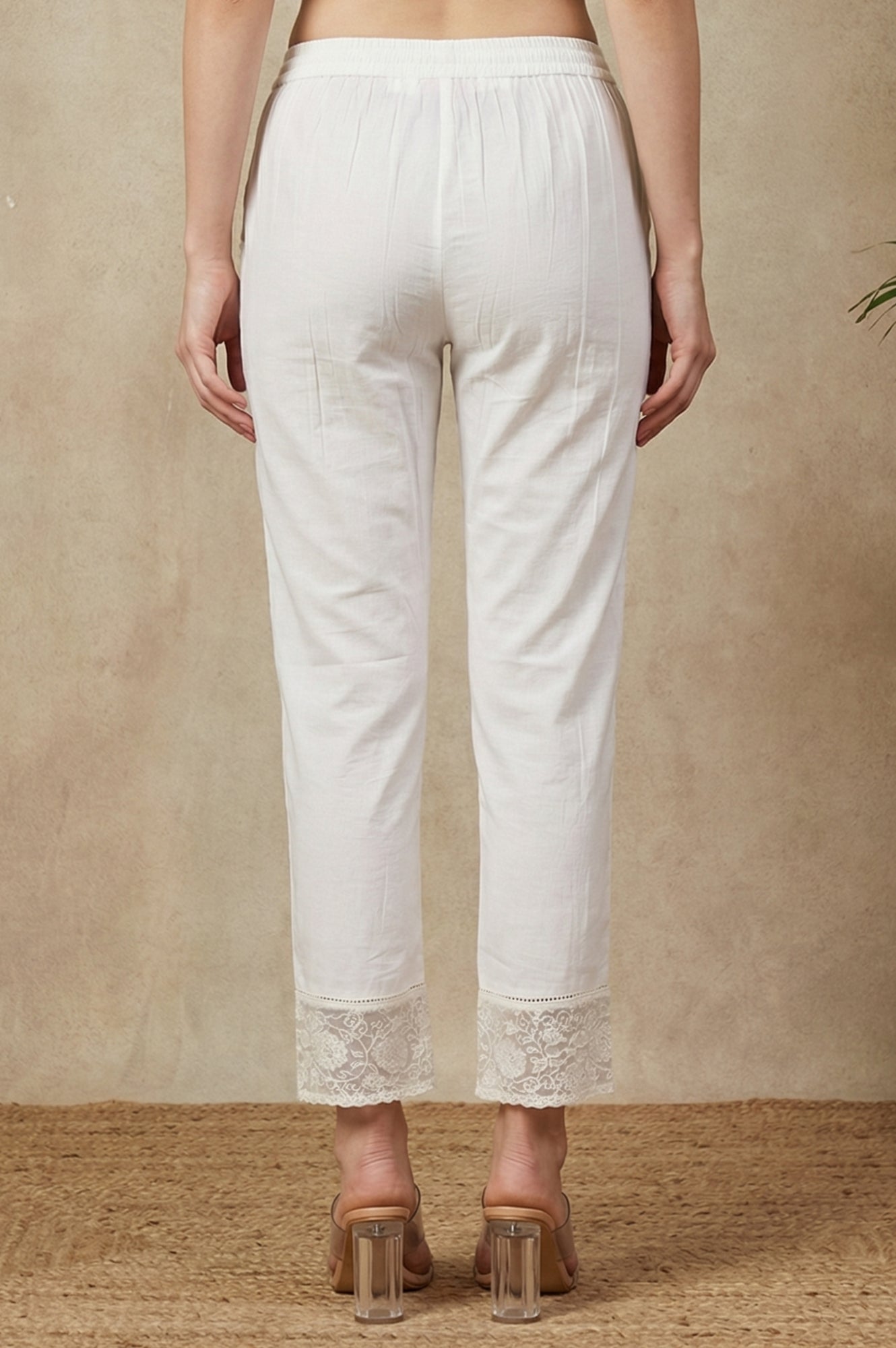 White Solid Straight Fit Pants with Lace