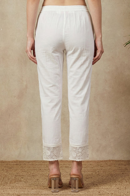 White Solid Straight Fit Pants with Lace