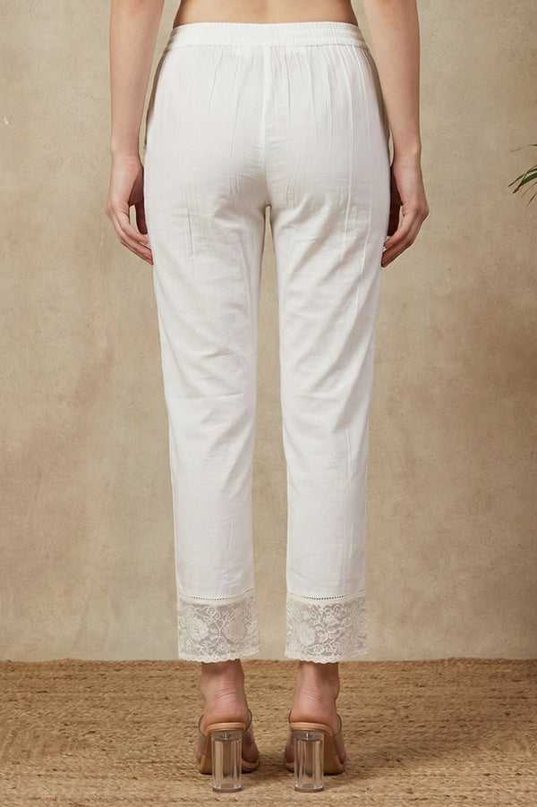 White Solid Straight Fit Pants with Lace