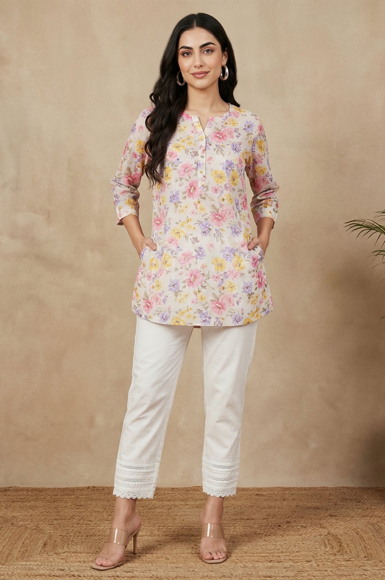 White Solid Straight Fit Pants with Lace