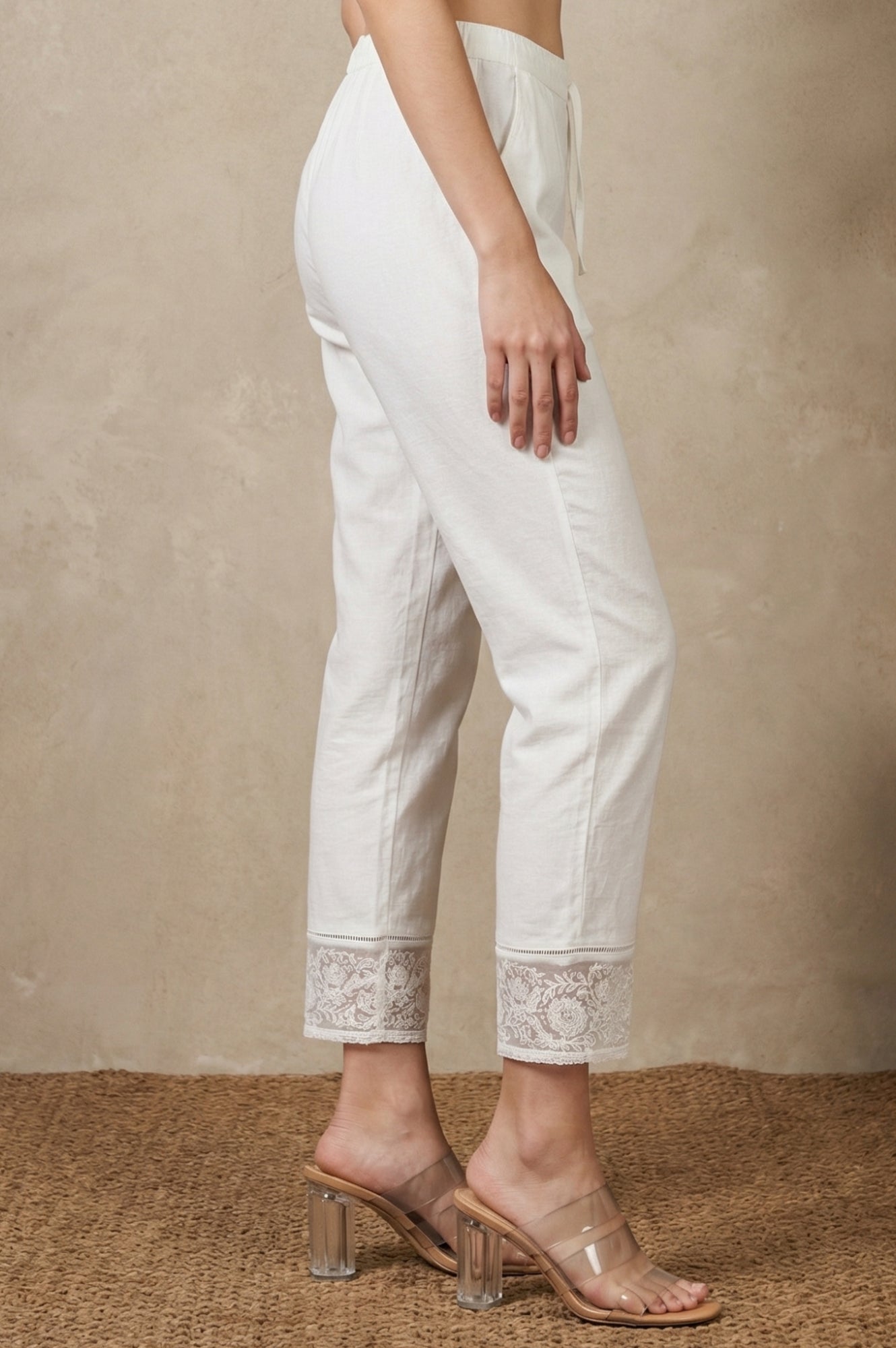 White Solid Straight Fit Pants with Lace