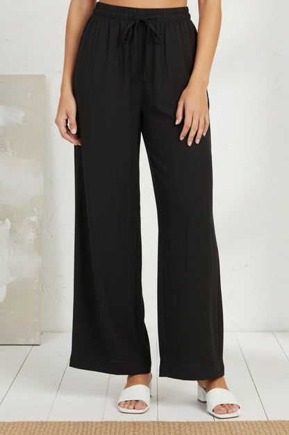 Black Solid Rayon Relaxed Fit Rayon Blend Flared Pants
