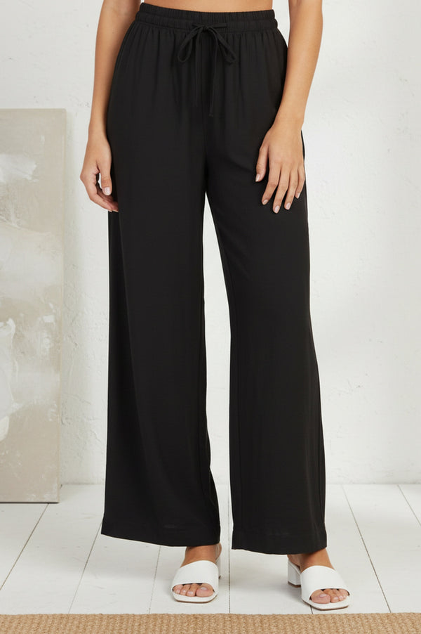 Black Solid Rayon Relaxed Fit Rayon Blend Flared Pants