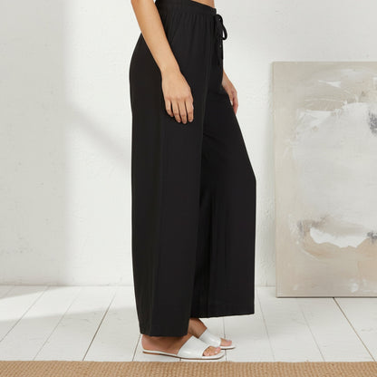 Black Solid Rayon Relaxed Fit Rayon Blend Flared Pants