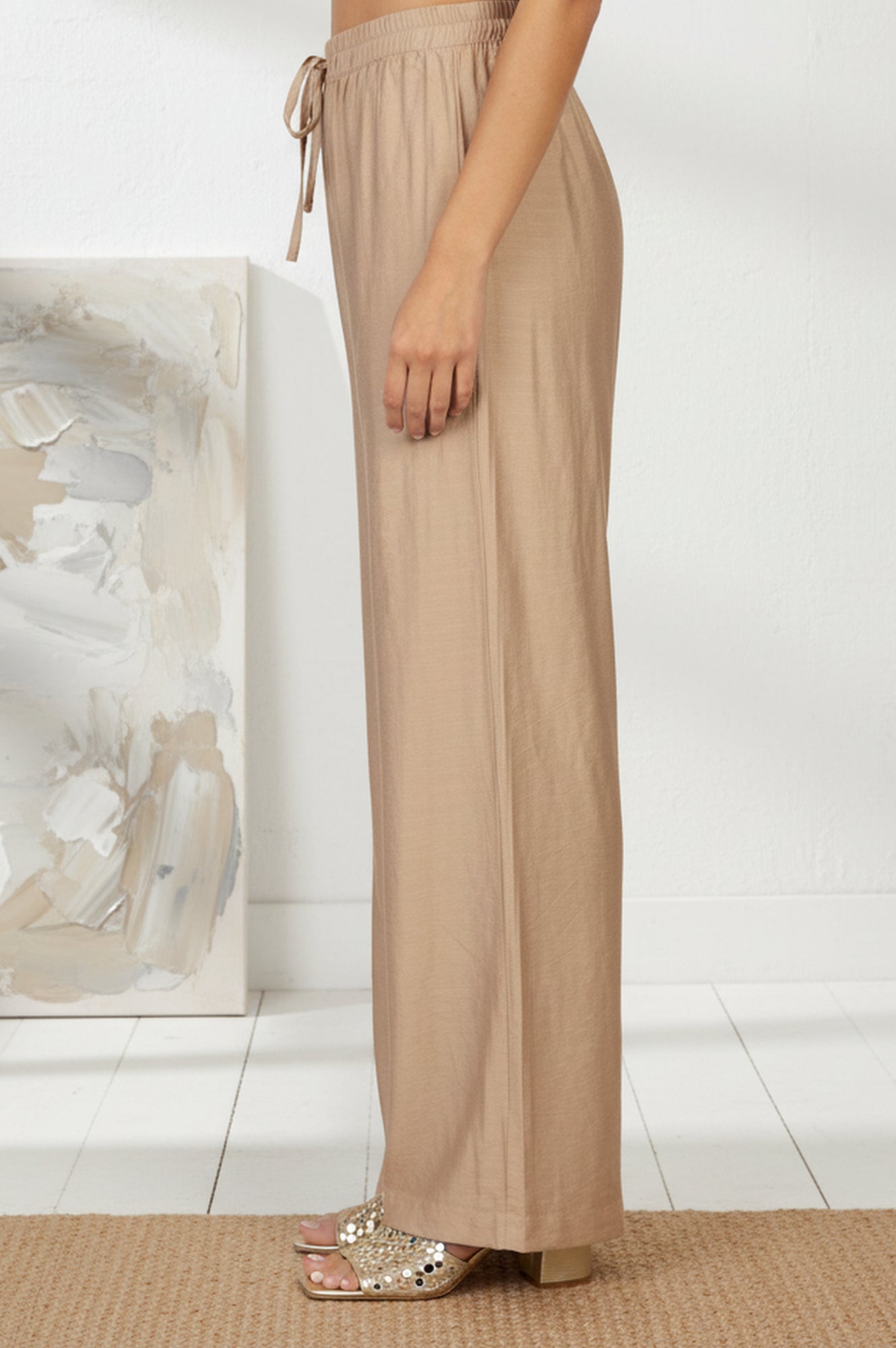 Gold Solid Rayon Relaxed Fit Mid Rise Flared Pants