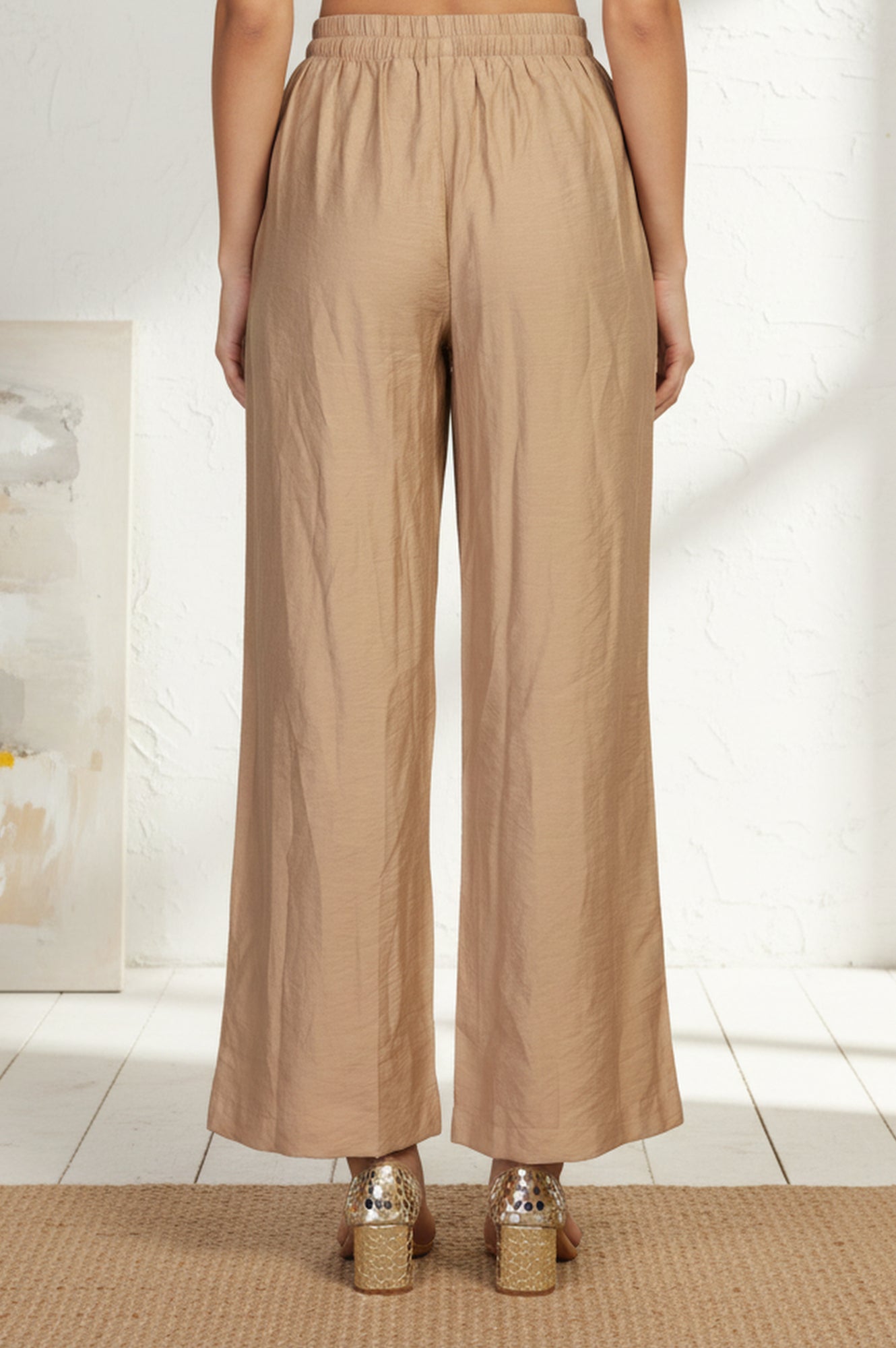 Gold Solid Rayon Relaxed Fit Mid Rise Flared Pants