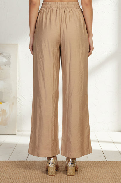 Gold Solid Rayon Relaxed Fit Mid Rise Flared Pants