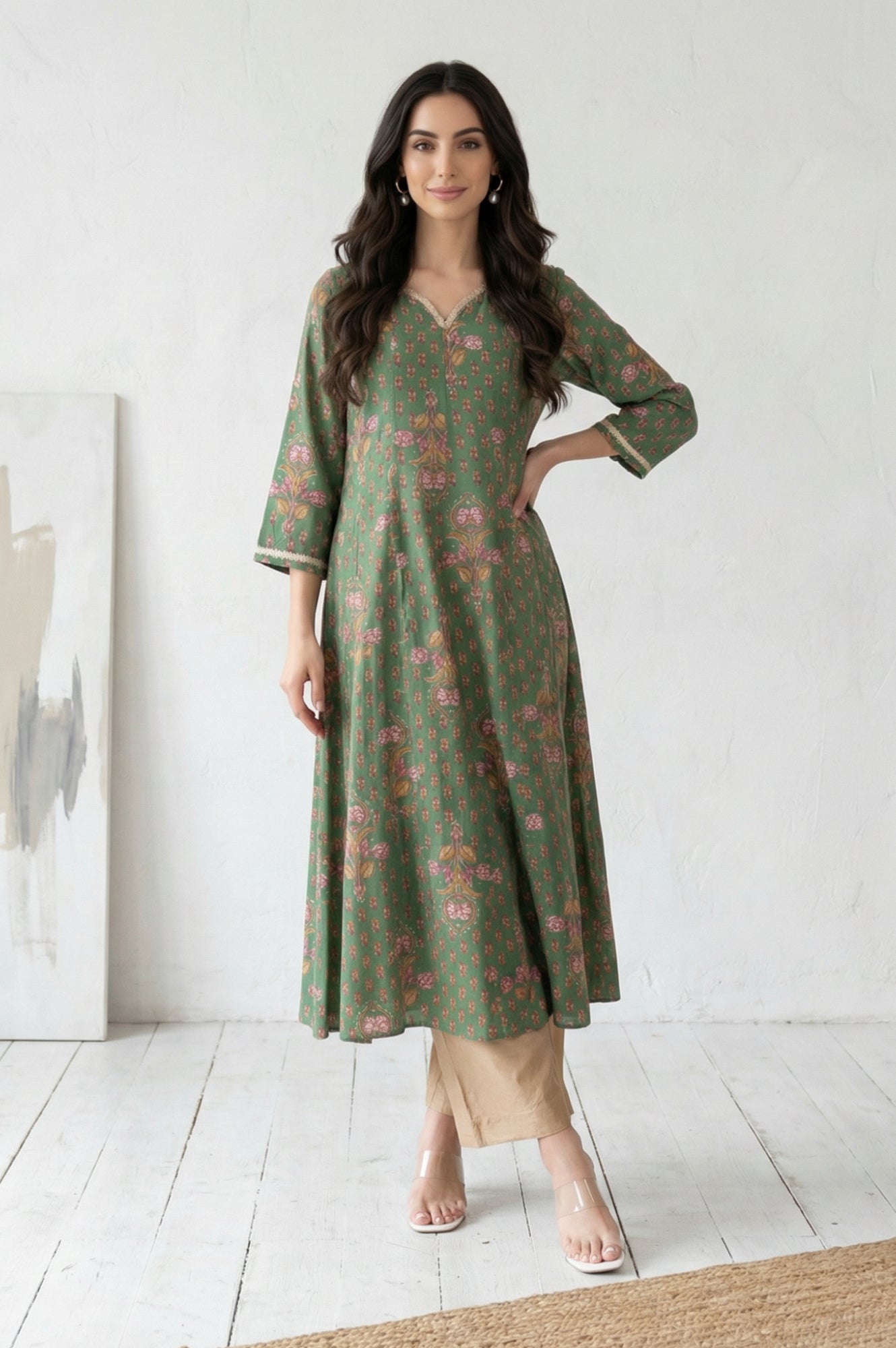 Gold Solid Rayon Relaxed Fit Mid Rise Flared Pants