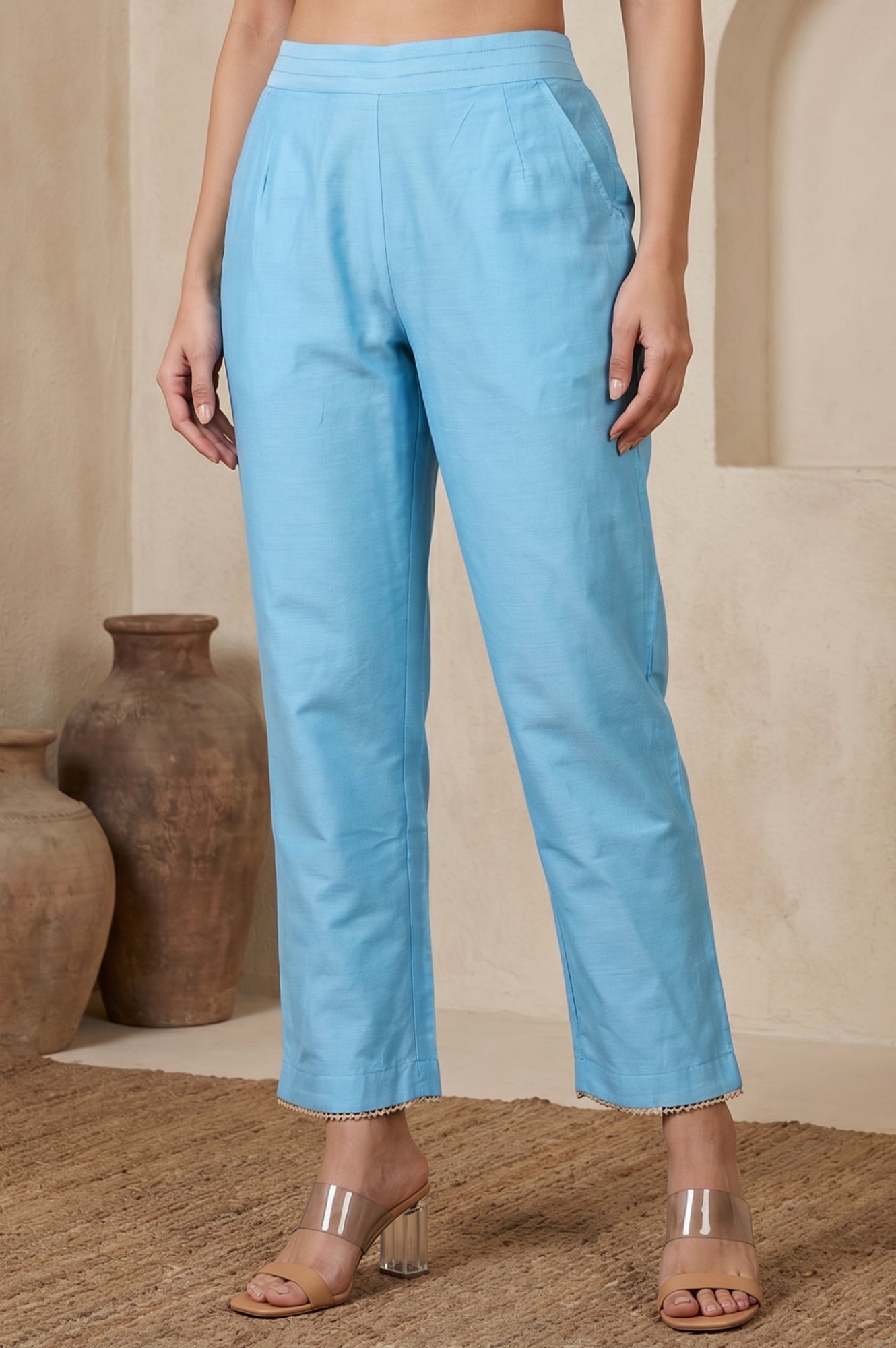 Blue Straight Fit Ankle Length Mid Rise Pants