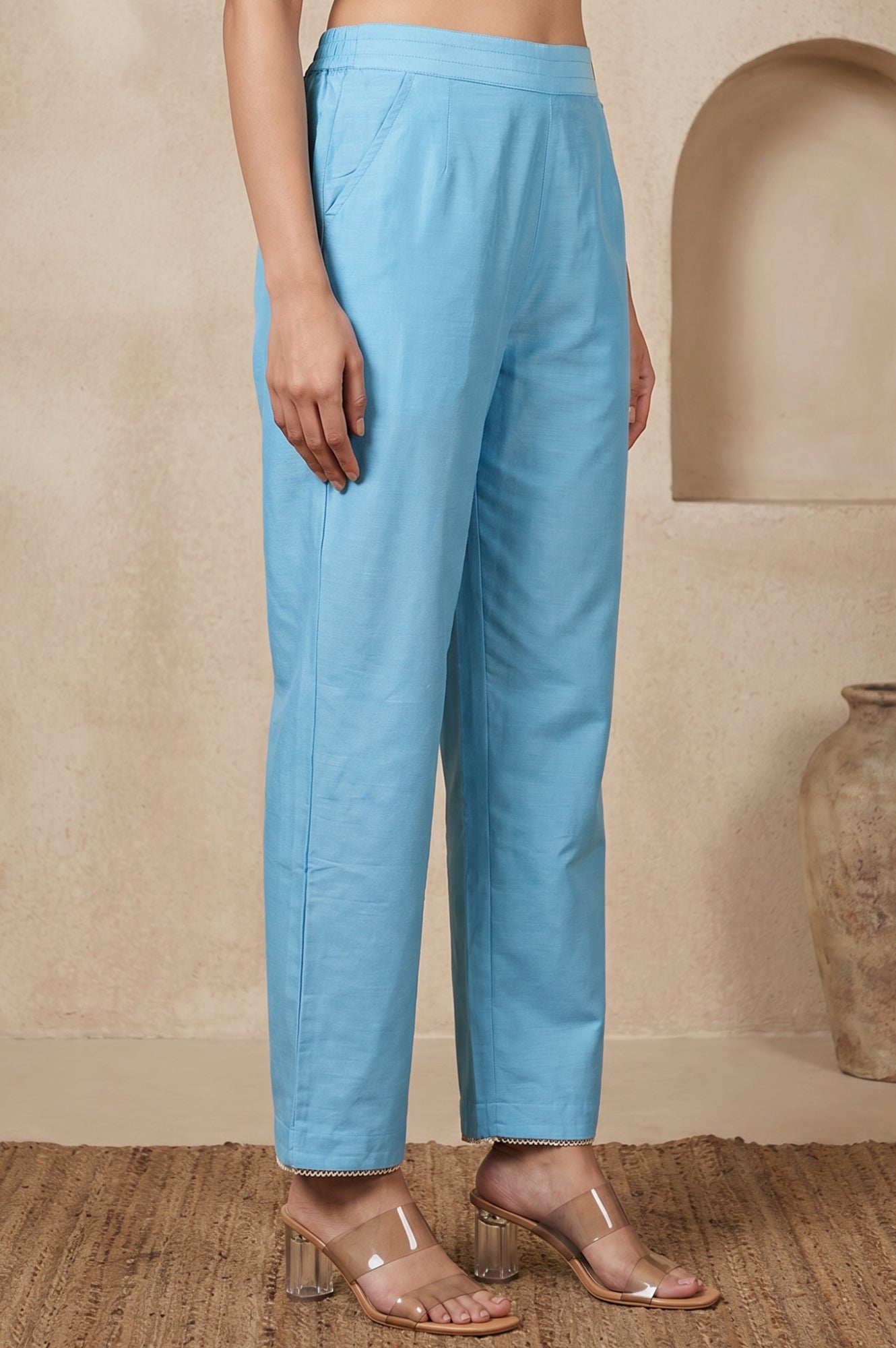 Blue Straight Fit Ankle Length Mid Rise Pants