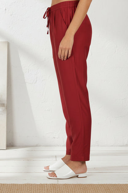 Red Solid Relaxed Fit Ankle Length Mid Rise Straight Pants
