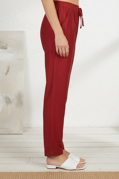Red Solid Relaxed Fit Ankle Length Mid Rise Straight Pants