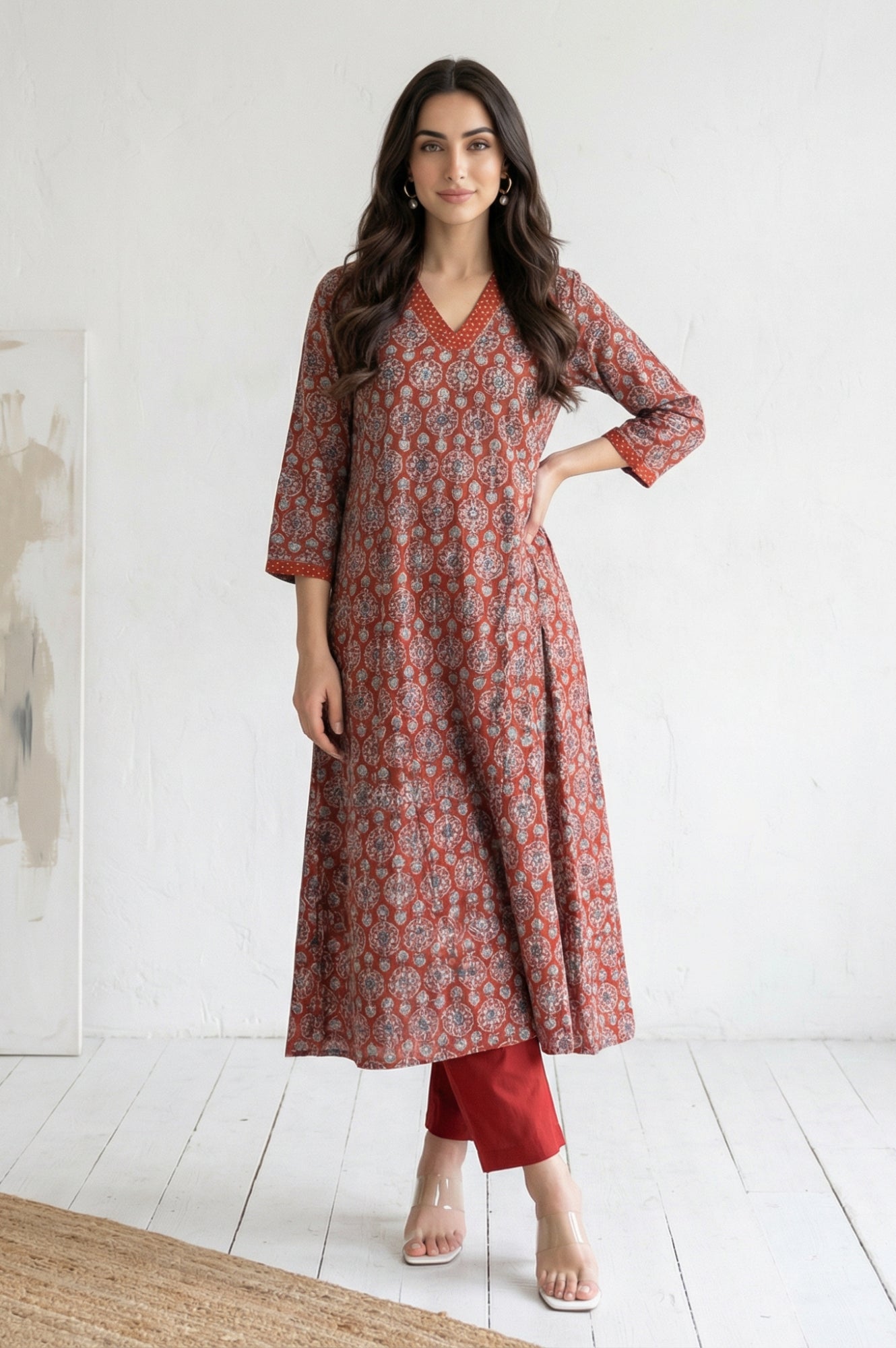 Red Solid Relaxed Fit Ankle Length Mid Rise Straight Pants
