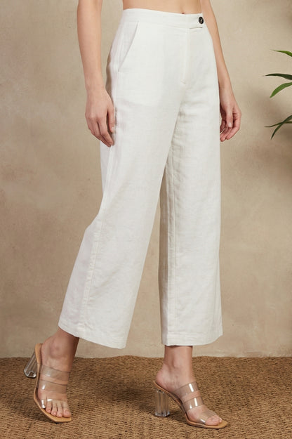Off White Solid Wide Leg Ankle Length Pants