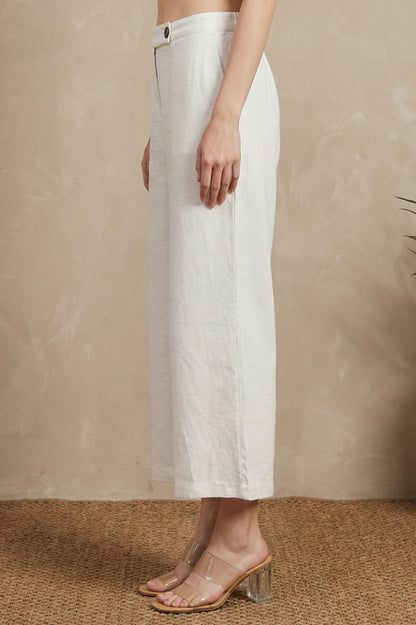 Off White Solid Wide Leg Ankle Length Pants