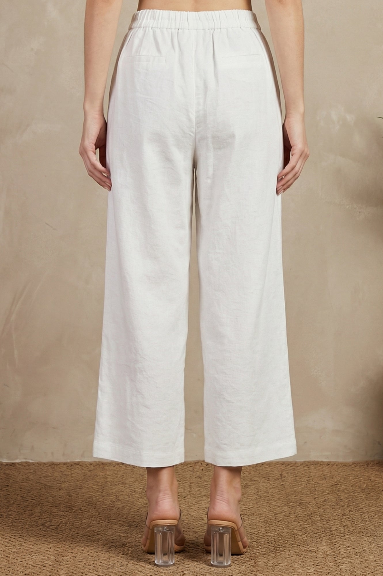 Off White Solid Wide Leg Ankle Length Pants