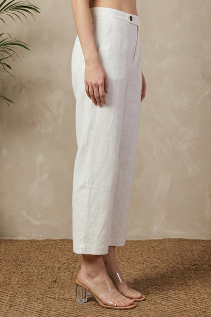 Off White Solid Wide Leg Ankle Length Pants