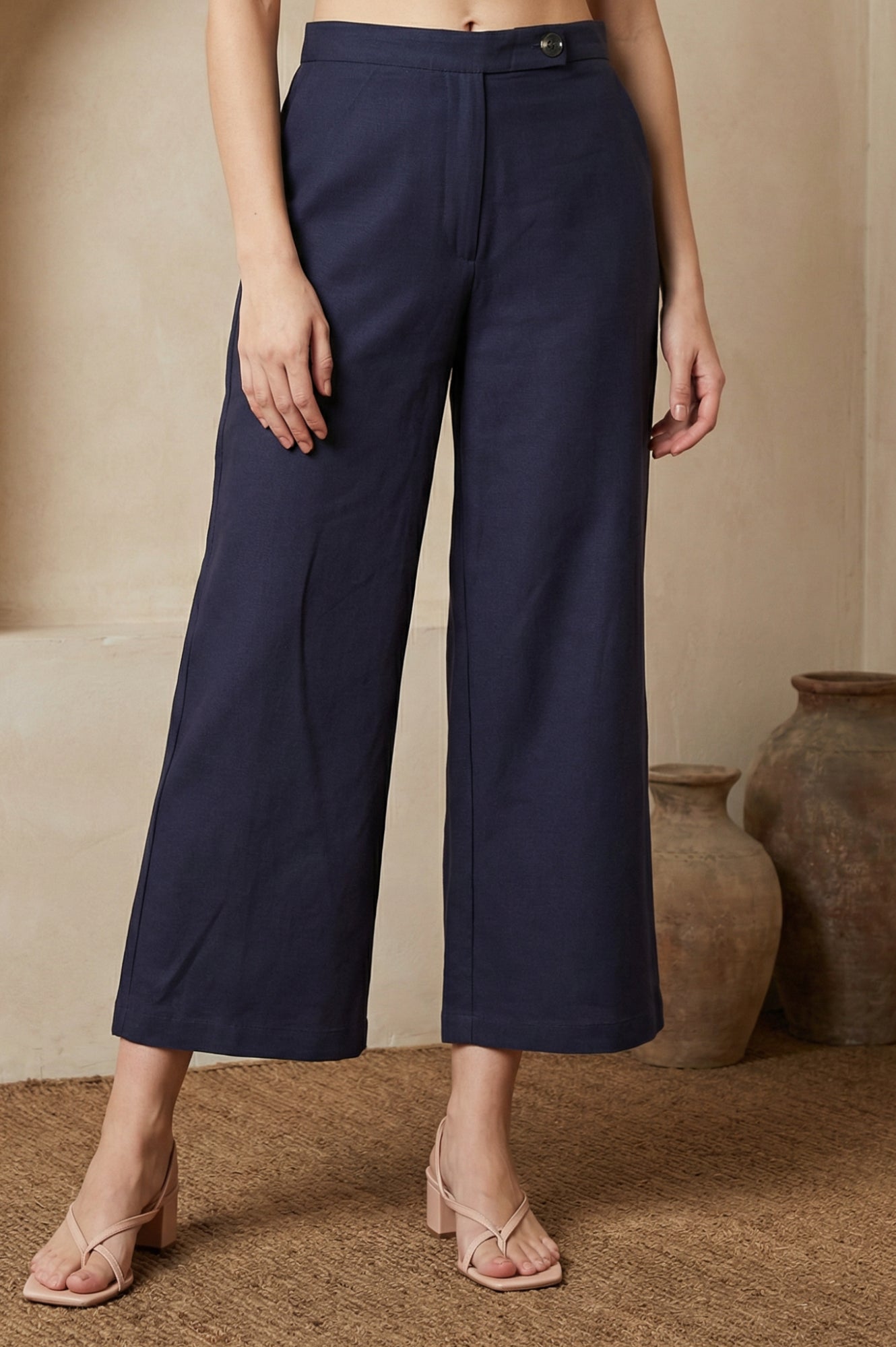 Navy Blue Solid Buttons Wide Leg Ankle Length High Rise Pants