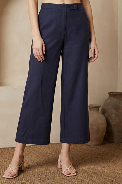 Navy Blue Solid Buttons Wide Leg Ankle Length High Rise Pants