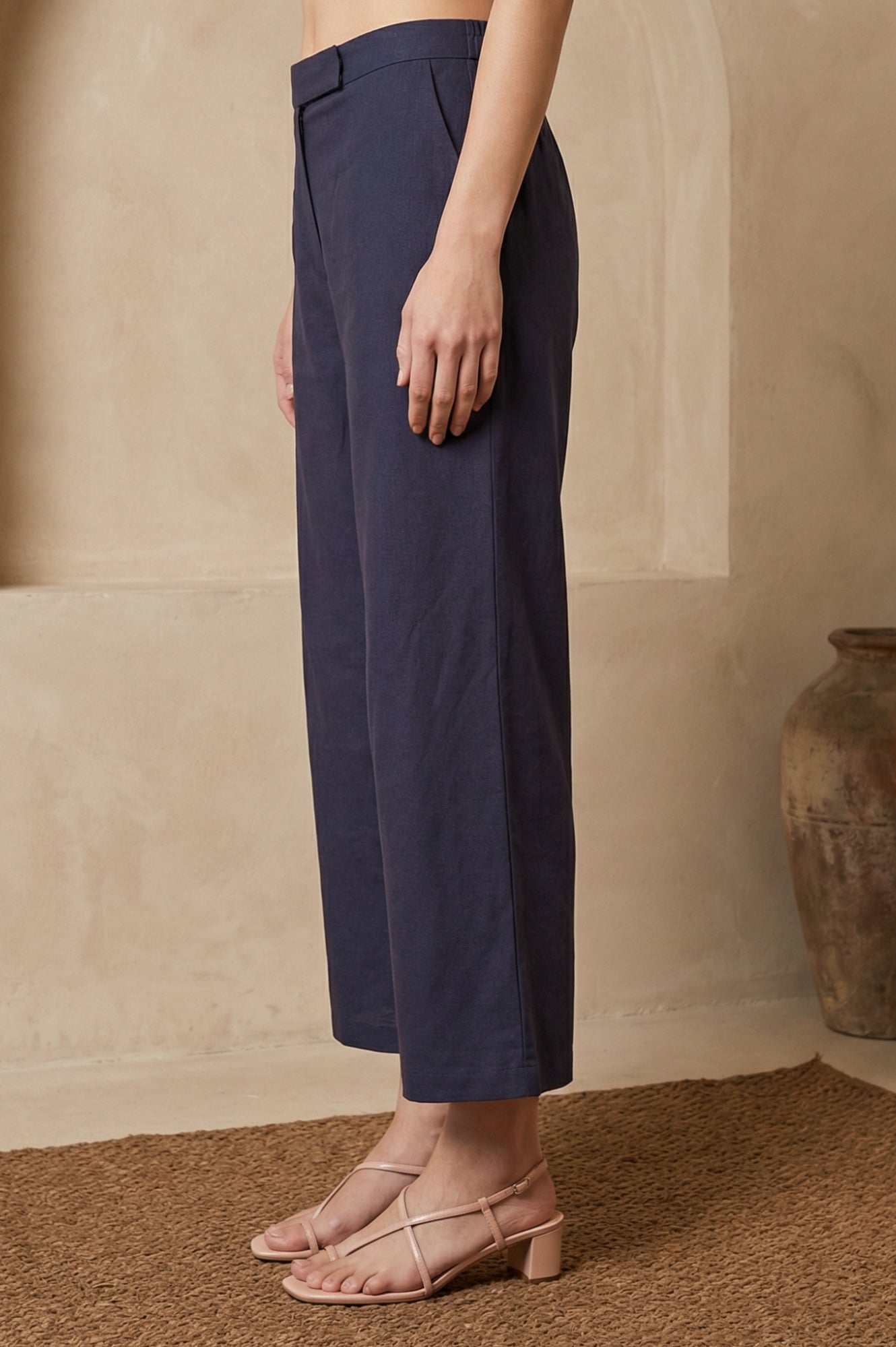 Navy Blue Solid Buttons Wide Leg Ankle Length High Rise Pants