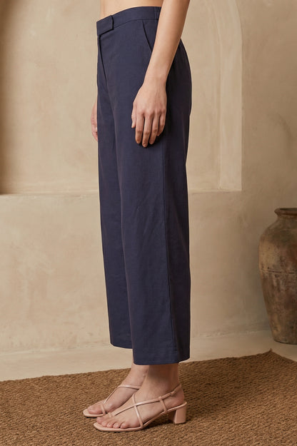 Navy Blue Solid Buttons Wide Leg Ankle Length High Rise Pants