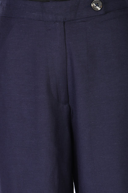 Navy Blue Solid Buttons Wide Leg Ankle Length High Rise Pants