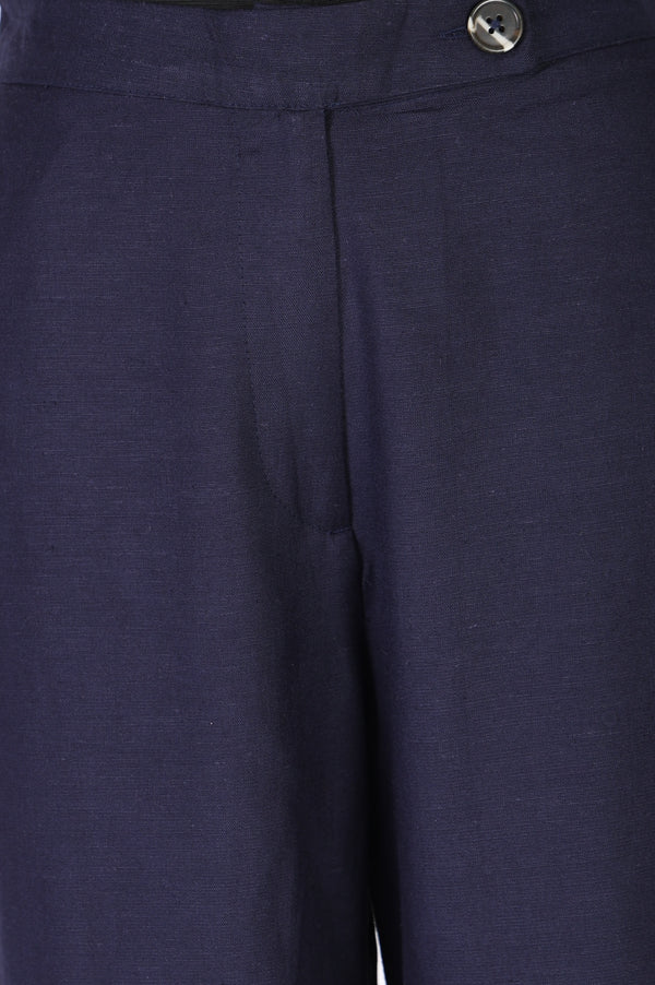 Navy Blue Solid Buttons Wide Leg Ankle Length High Rise Pants
