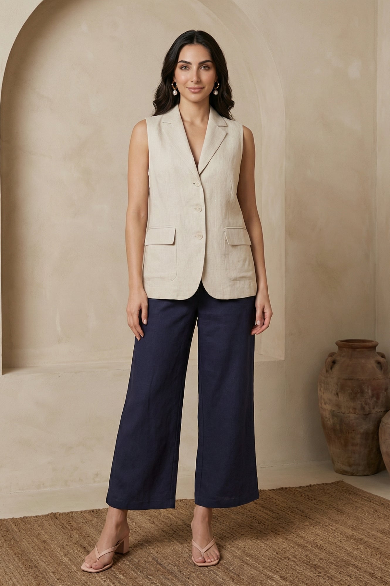 Navy Blue Solid Buttons Wide Leg Ankle Length High Rise Pants