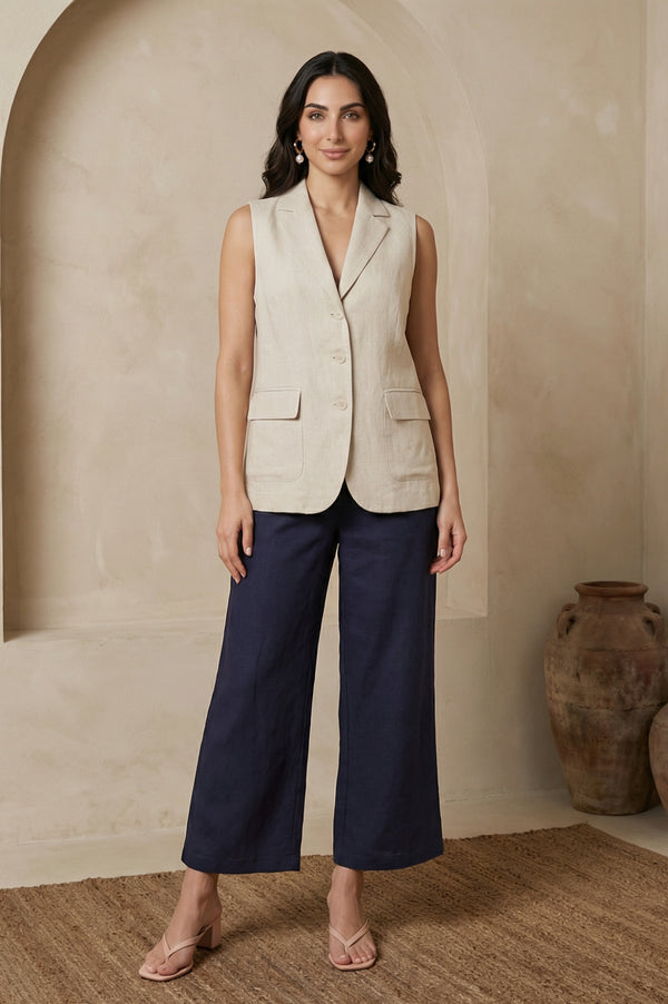 Navy Blue Solid Buttons Wide Leg Ankle Length High Rise Pants