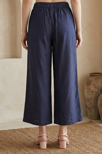 Navy Blue Solid Buttons Wide Leg Ankle Length High Rise Pants