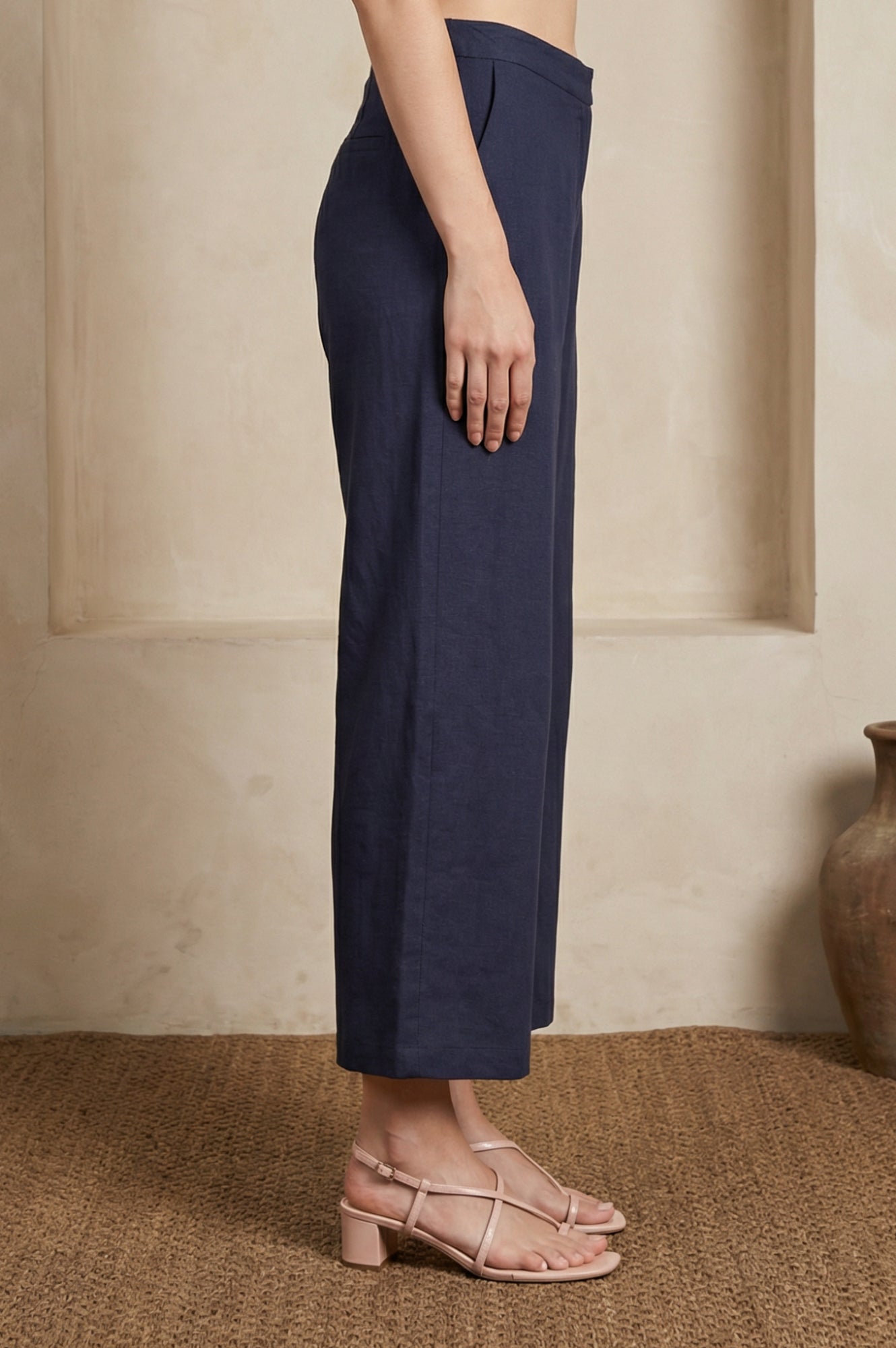 Navy Blue Solid Wide Leg Ankle Length Pants