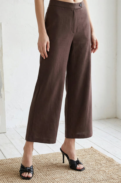 Navy Blue Solid Wide Leg Ankle Length High Rise Pants