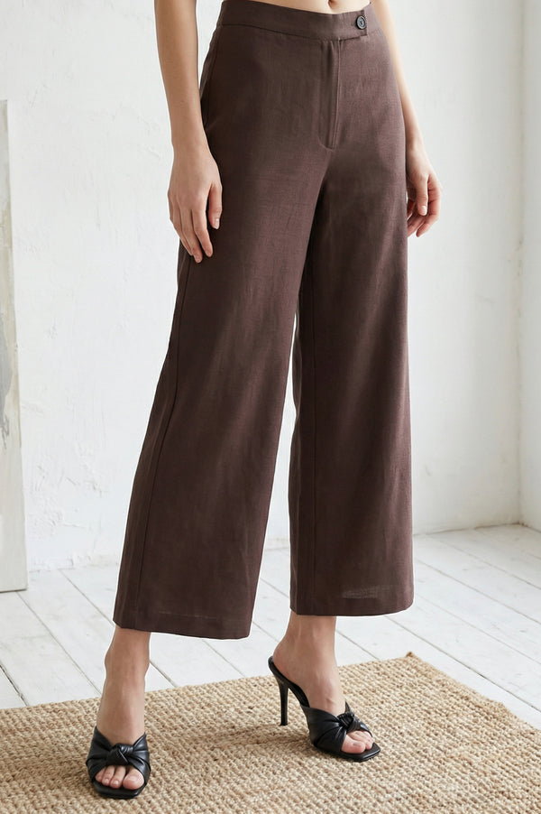 Navy Blue Solid Wide Leg Ankle Length High Rise Pants
