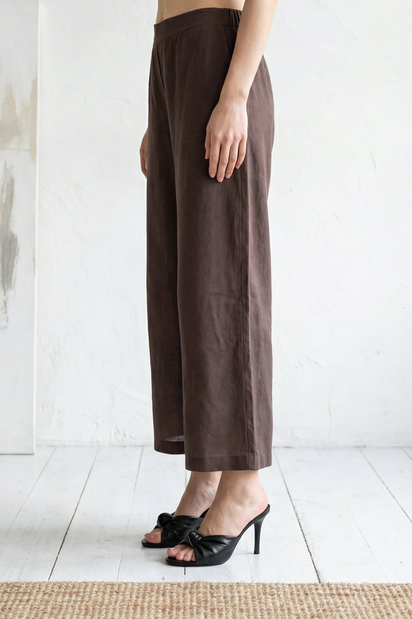 Navy Blue Solid Wide Leg Ankle Length High Rise Pants
