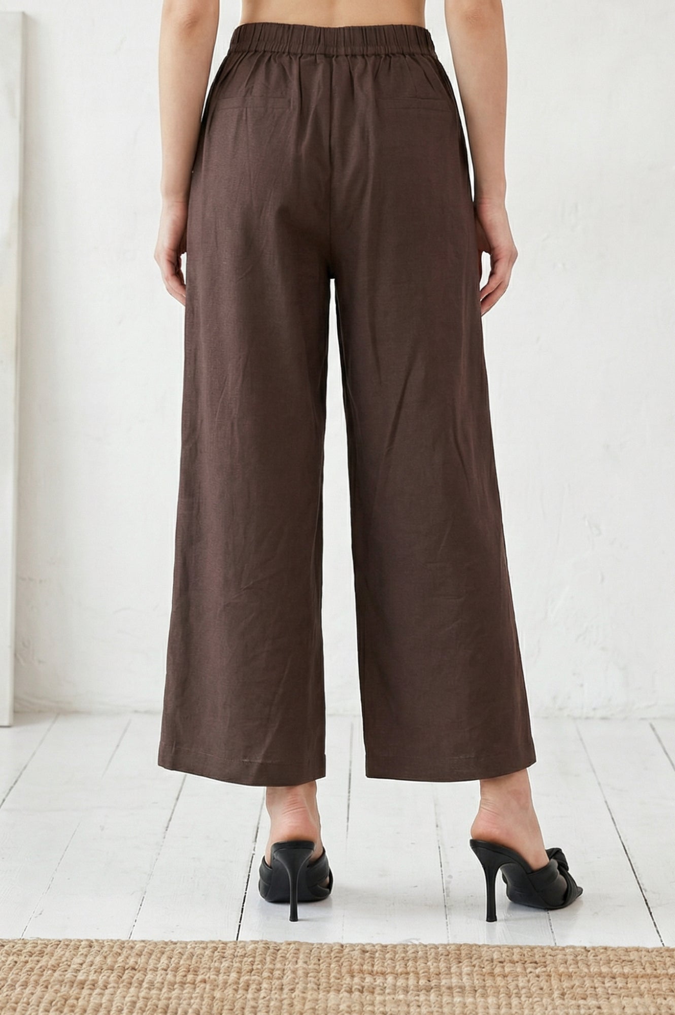 Navy Blue Solid Wide Leg Ankle Length High Rise Pants