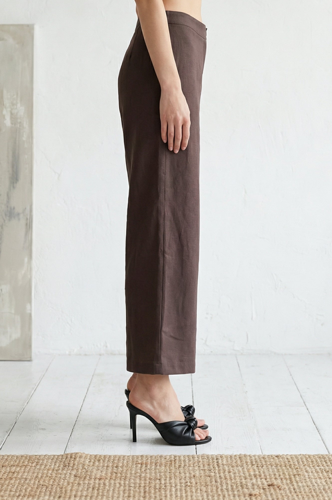 Navy Blue Solid Wide Leg Ankle Length High Rise Pants