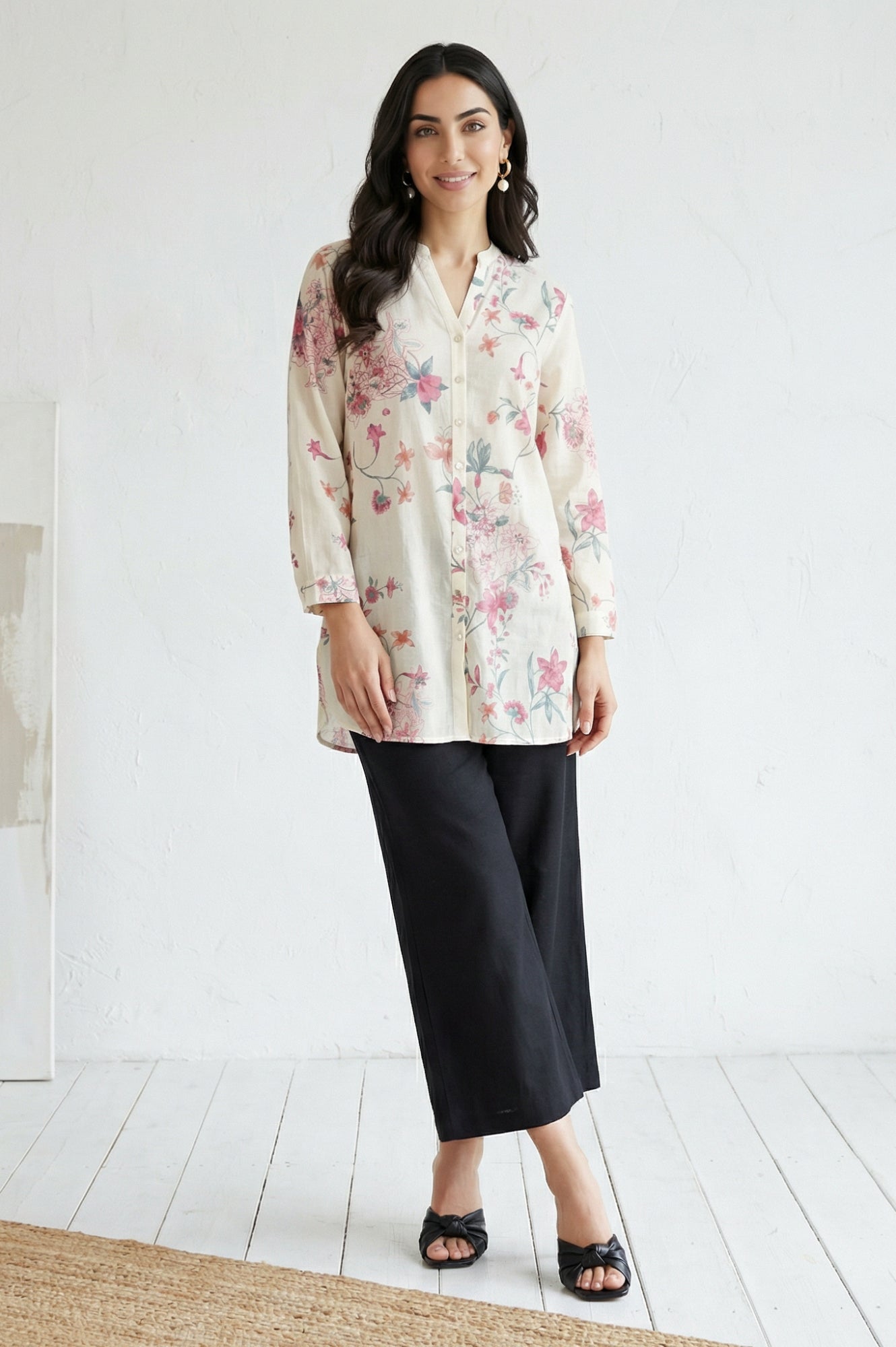Black Solid Wide Leg Ankle Length Pants