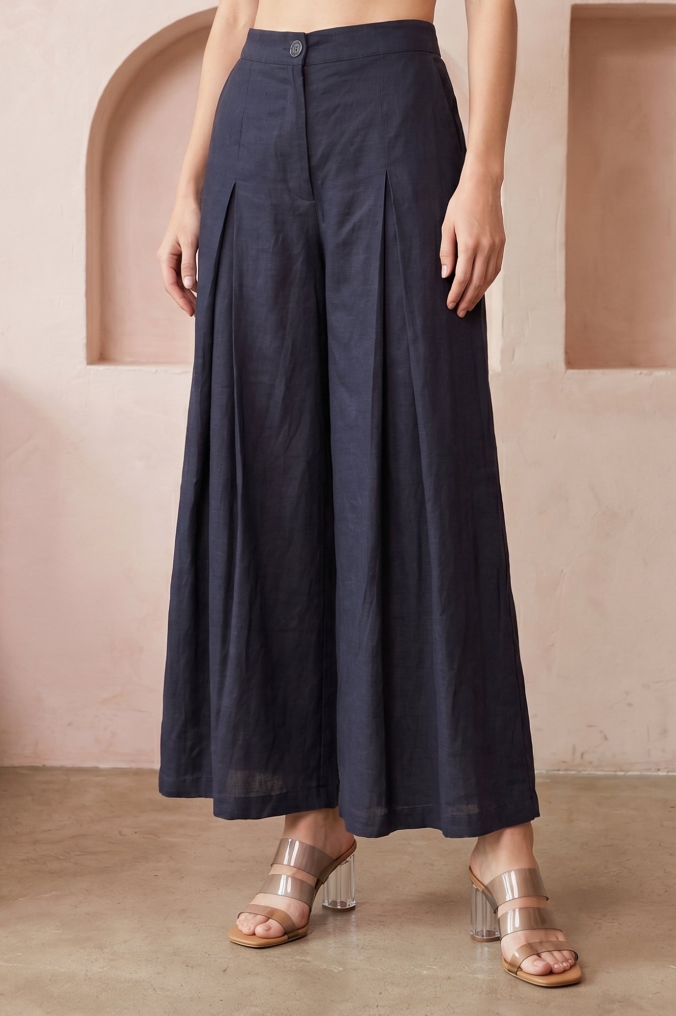 Navy Blue Solid Rayon Flax Flared Pants