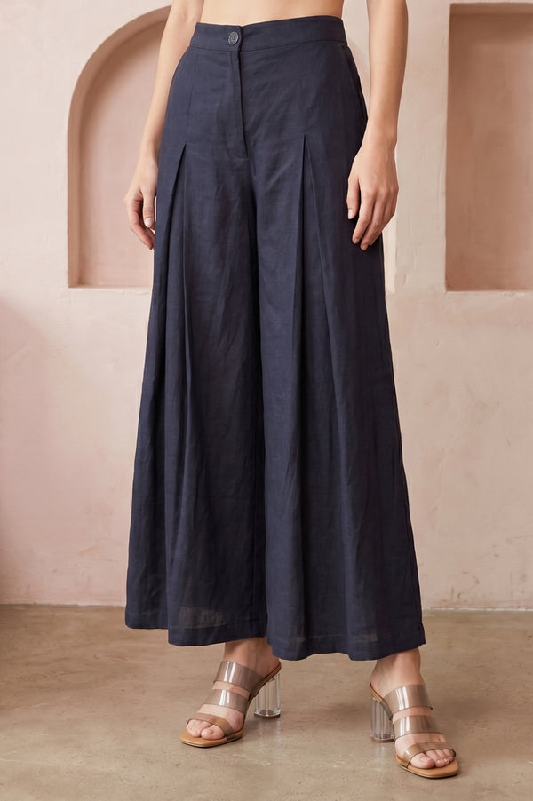 Navy Blue Solid Rayon Flax Flared Pants