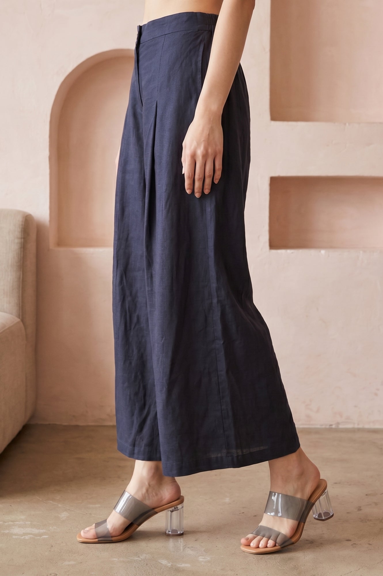 Navy Blue Solid Rayon Flax Flared Pants