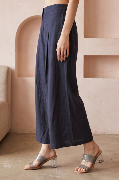 Navy Blue Solid Rayon Flax Flared Pants
