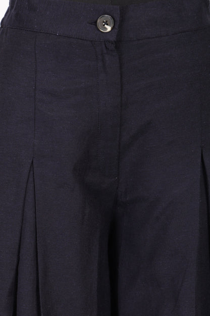 Navy Blue Solid Rayon Flax Flared Pants