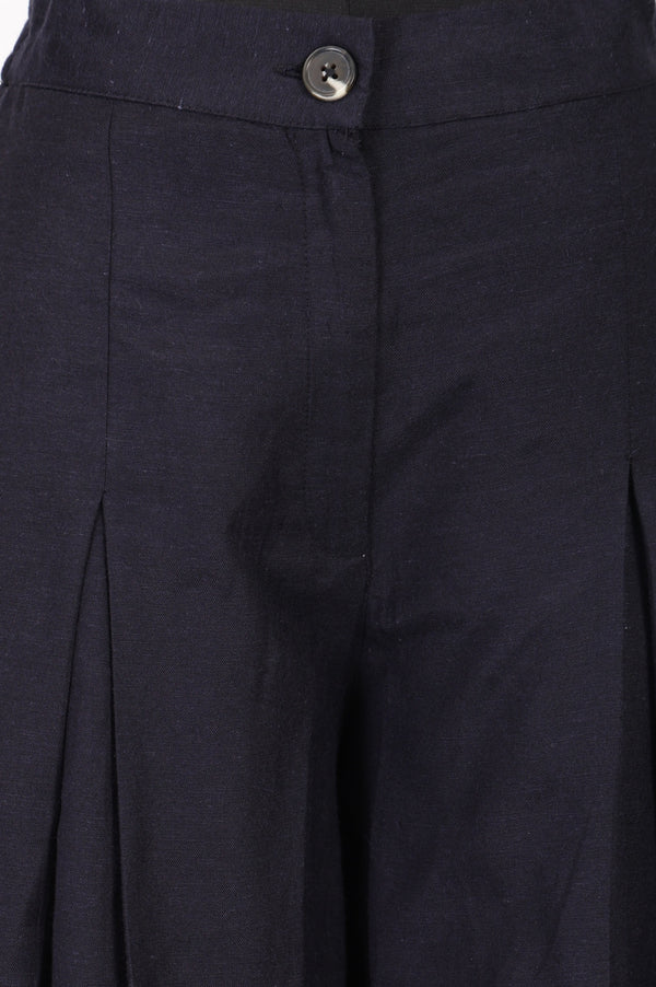 Navy Blue Solid Rayon Flax Flared Pants