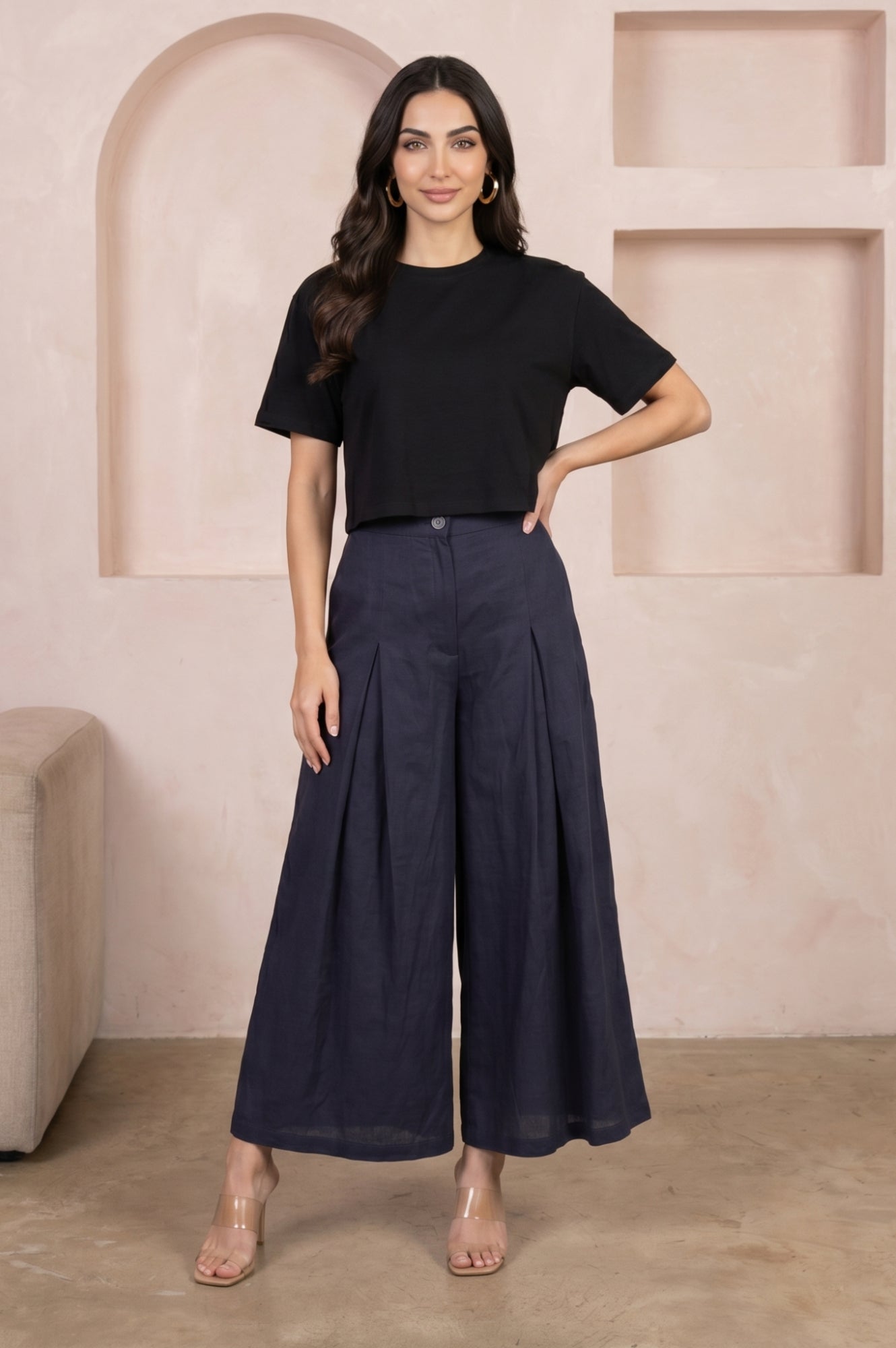 Navy Blue Solid Rayon Flax Flared Pants