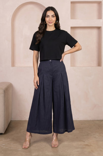 Navy Blue Solid Rayon Flax Flared Pants