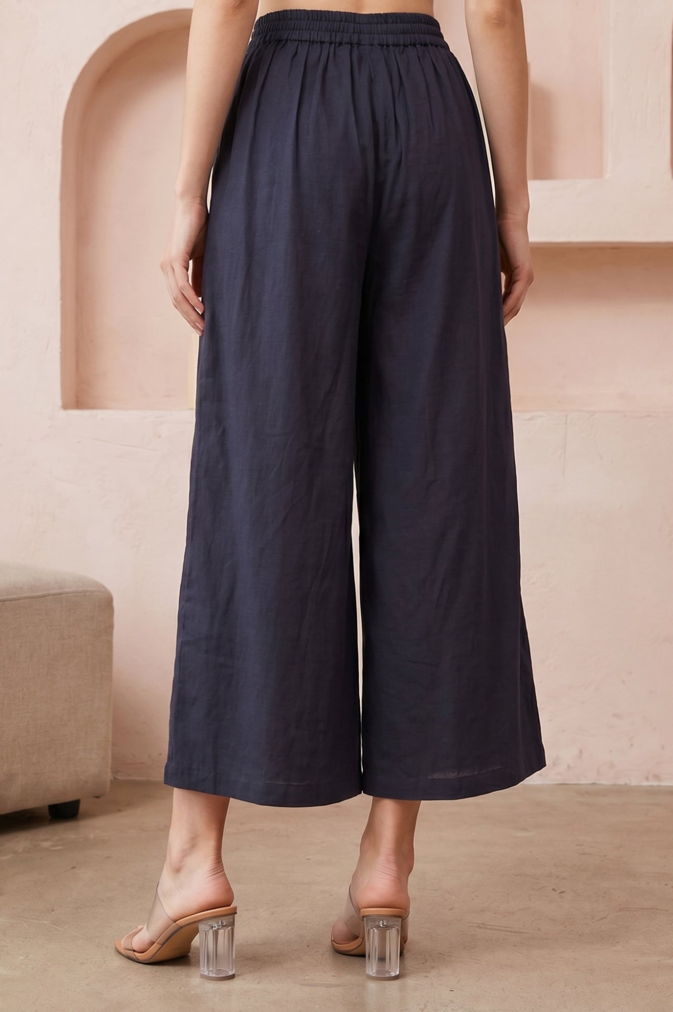 Navy Blue Solid Rayon Flax Flared Pants